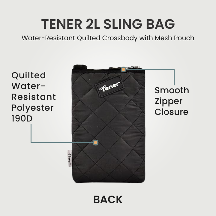 Tener 2L sling bag quilted water-resistant back panel with zipper closure