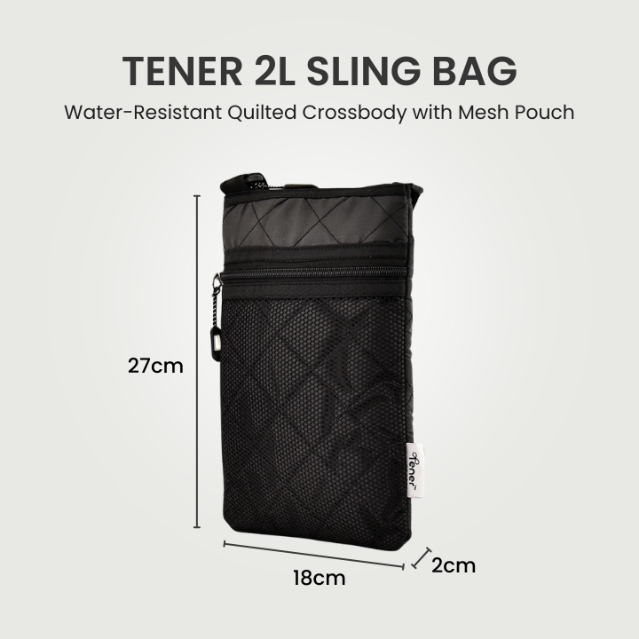 Tener 2L quilted sling bag dimensions 27 by 18 by 2 cm