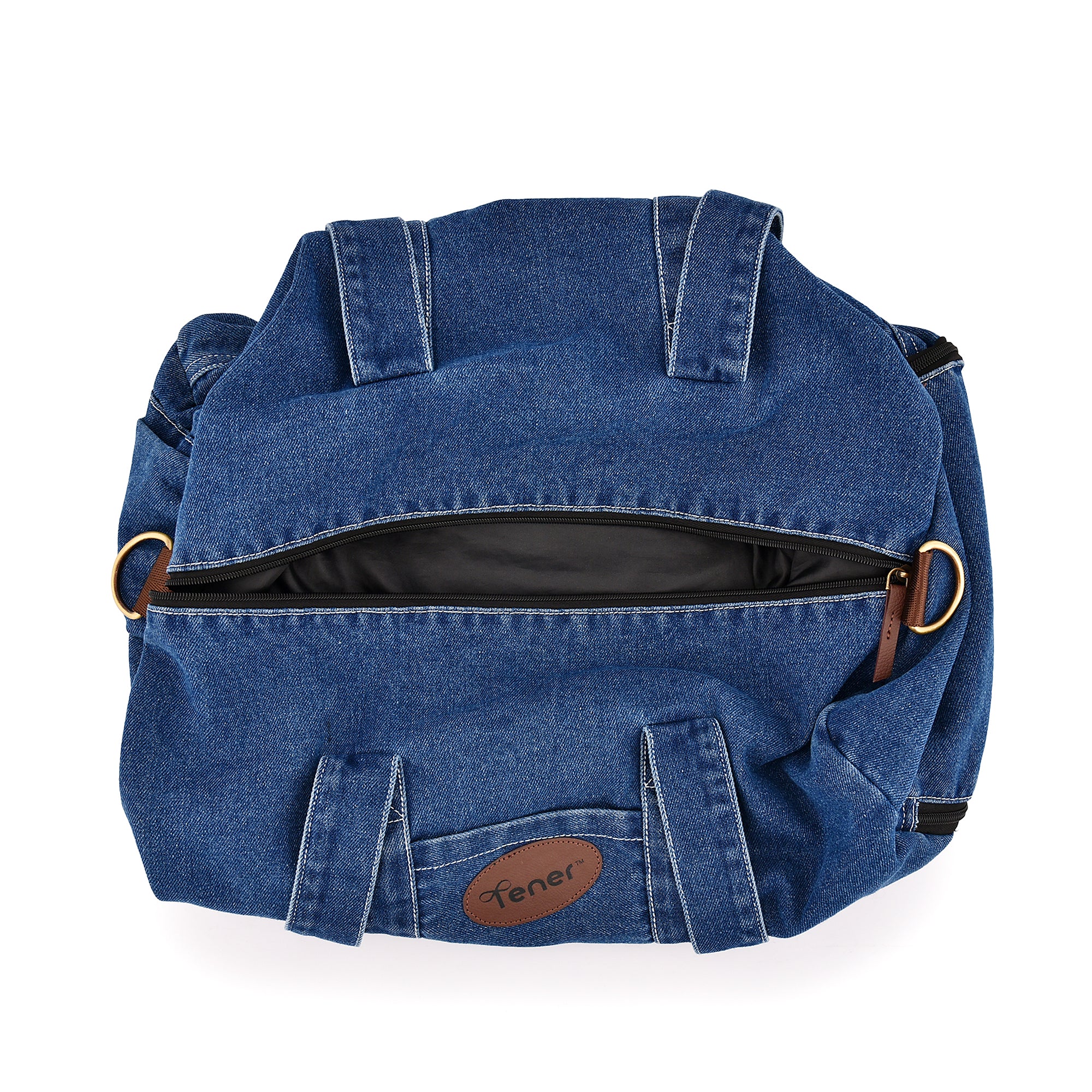 Tener denim duffle bag open storage