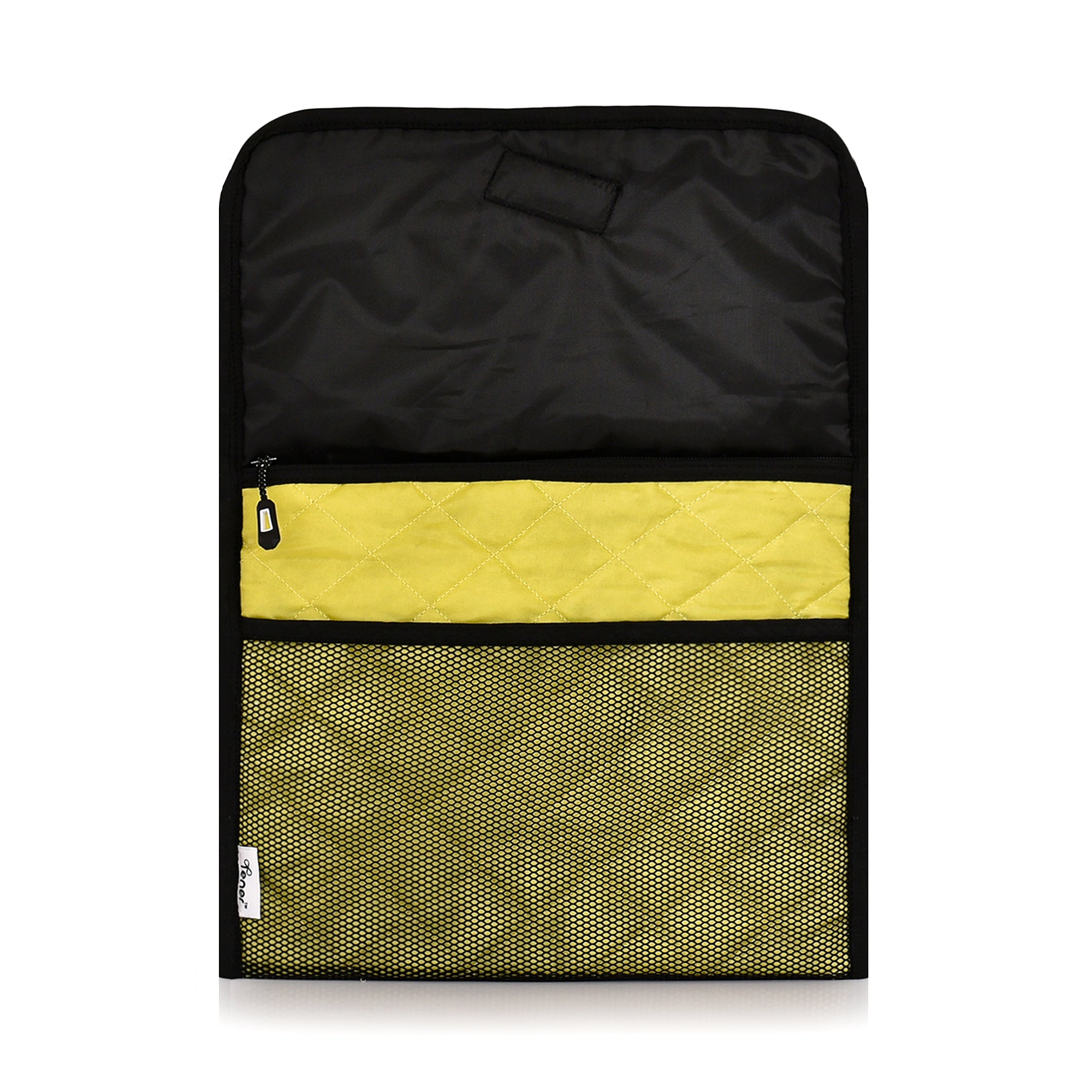 Tener tab sling bag open showing tablet compartment, zipped pocket and mesh pouch