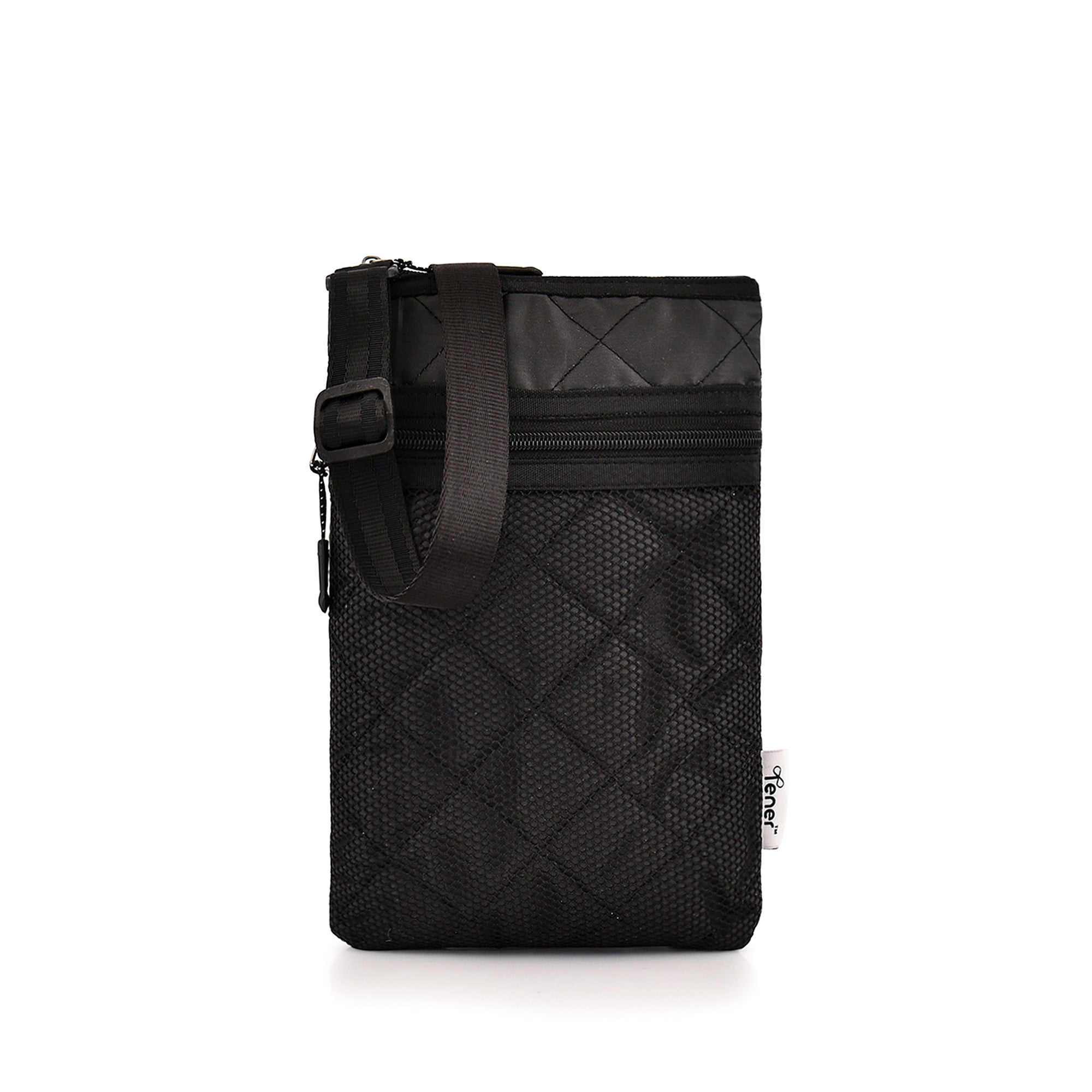 Tener quilted sling bag front view with adjustable strap