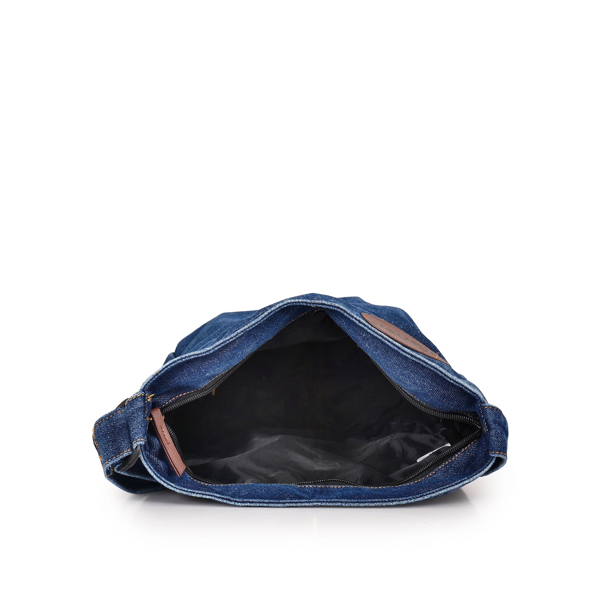 Tener denim sling bag open showing spacious main compartment