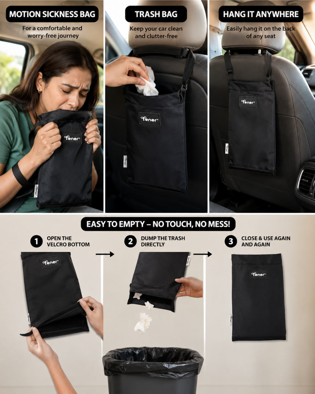 Tener 2-in-1 bag used as a motion sickness bag, car trash bag and seat-back hanging organizer