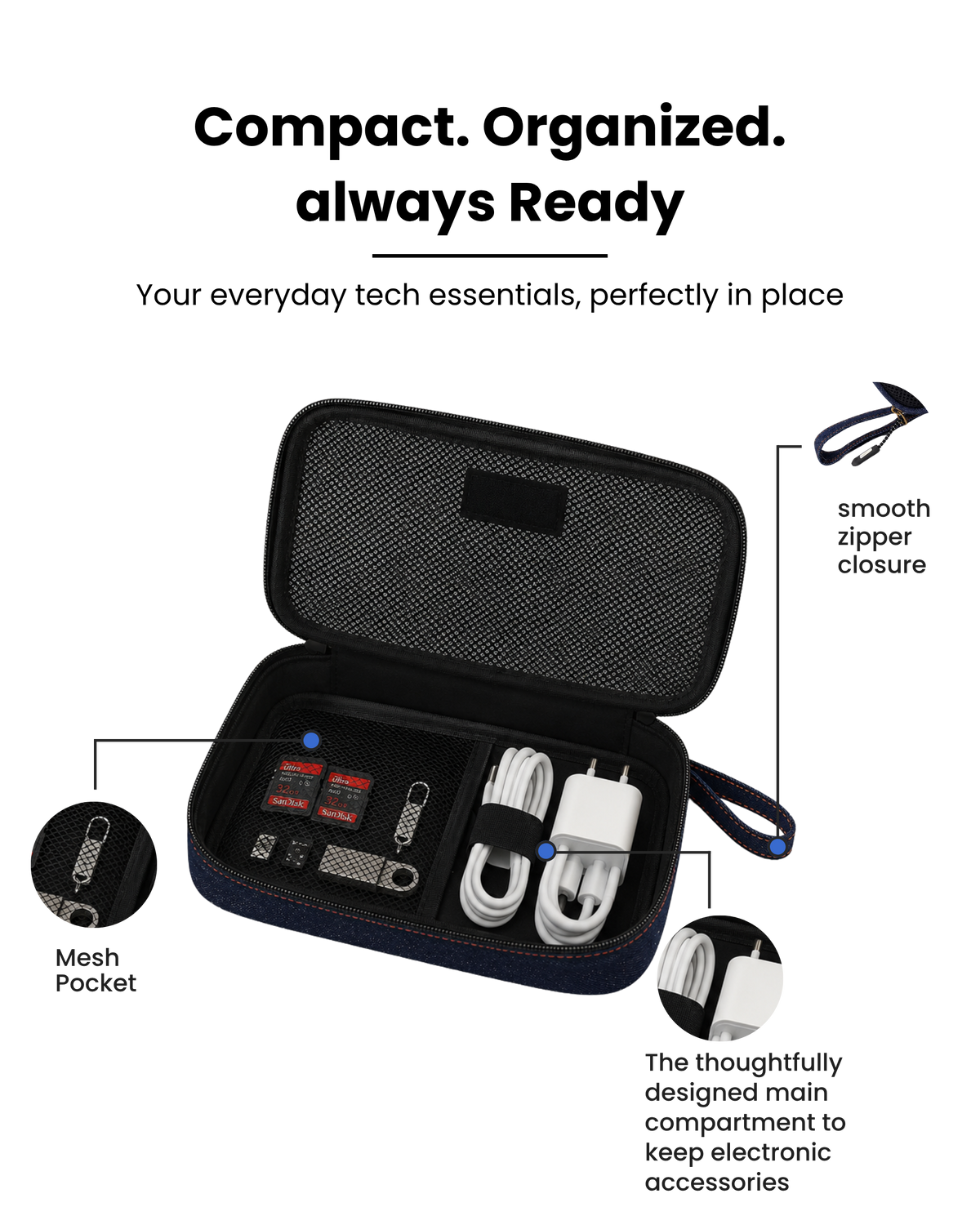Tener 1L Raw Denim Travel Cable Organizer Pouch